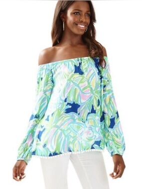 Lilly Pulitzer Tropical Print Off the Shoulder Long Sleeve Enna Top Size XXS